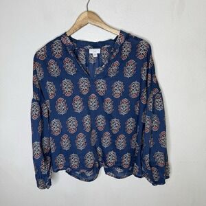 J Jill Blue Long Sleeve Printed Leaf Cotton Cropped Top Womens Large Boho Blouse